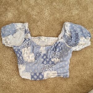 Hollister Blue and White Patchwork Puff-Sleeve Crop Top